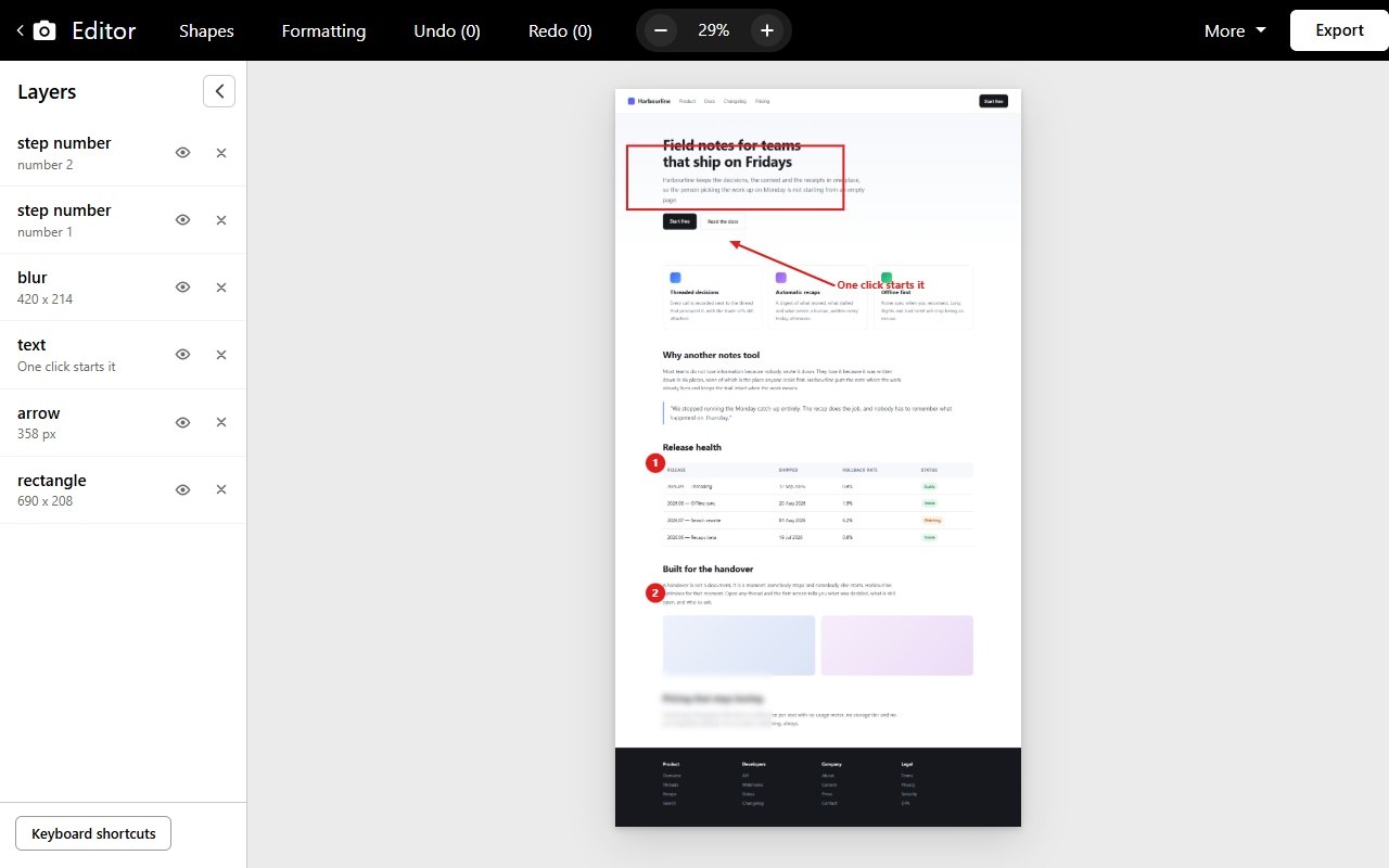 The FullCapture editor with an arrow, a highlighted heading and numbered steps on a captured web page.